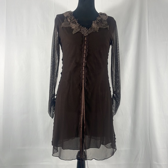 Pretty Angel Brown Dress,tunic dress, top,lace,floral design,sheer,ruffles,small - Picture 10 of 10